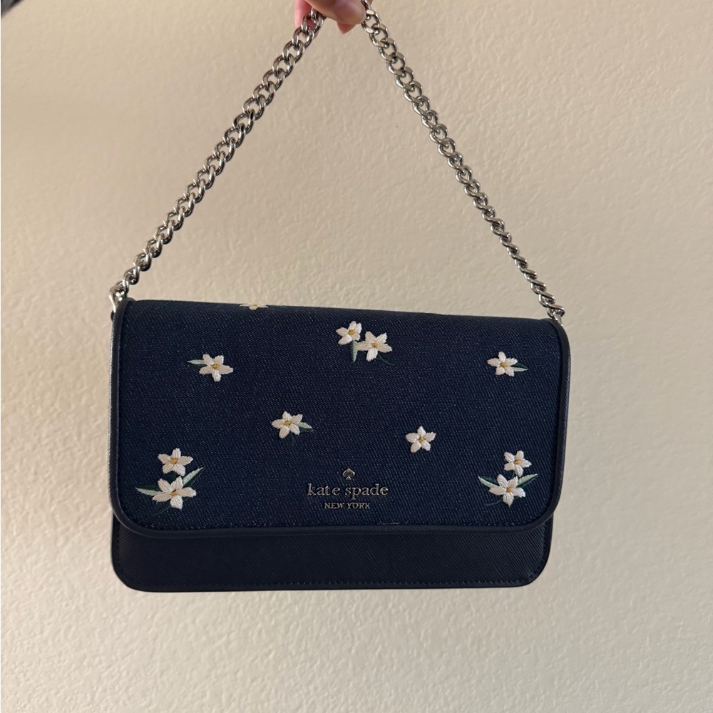 kate spade Navy Floral Embroidered Chain Shoulder Bag